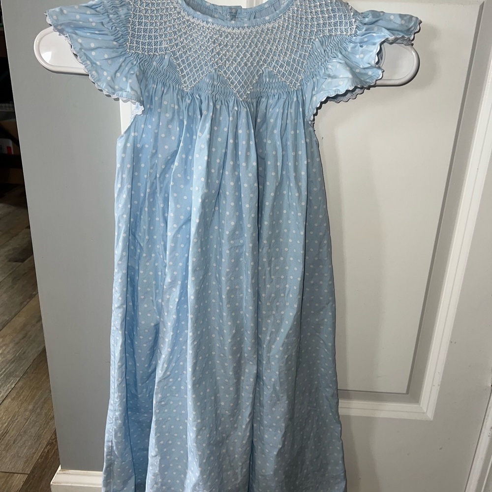Blue and White Polka dot Smocked Dress with Pearl Accents and Flutter Sleeves